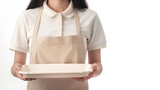 Fototapeta  - Smiling Student Asian woman wearing white t-shirt and beige apron with two hands holding a big tray isolated on white background
