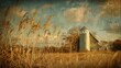 A rustic farm scene presents tall, golden wheat stalks in front of an old silver silo.