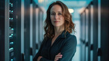 Fototapeta  - portrait of middle-aged businesswoman female with long brown hair working against the background of a bright and large server data center in charge as CTO company created with Generative AI Technology