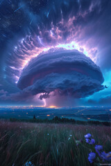 A scene illustrating a supercell at night, backlit by frequent flashes of lightning that reveal the