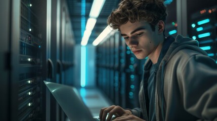 Man Working in Data Center