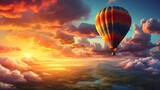 Hot air balloon over the lake at sunset, beautiful landscape