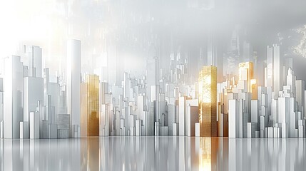 White background, city skyline with white buildings that have gold and silver textures on the front. White space in between, simple geometric shapes in the style of 3D rendering. Generative AI.