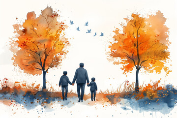 Father and two children are walking outside, rear view, autumn landscape