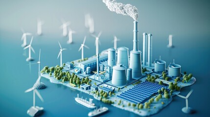 Wall Mural - Isometric illustration of an industrial factory without smoke coming out from the chimney, a green trees, wind turbines and most of solar panels around, 3d rendering style. Generative AI.