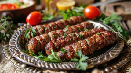 Wall Mural - Grilled sausages wrapped in bacon on a rustic plate with parsley and tomatoes.