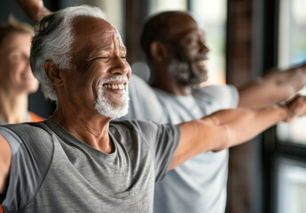 Wall Mural - Happy senior people doing yoga in the gym, a portrait of a smiling old man and woman stretching their arms while standing together at a sport class with multiethnic friends