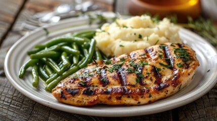 Poster - Grilled chicken breast with mashed potatoes and green beans on a dark plate.