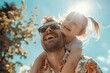A cheerful father carries his young daughter on his shoulders under a bright sun, both smiling widely in a summer setting. Generated AI