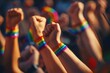 A vibrant photograph depicting multiple hands with raised fists adorned with rainbow wristbands symbolizing LGBTQ+ unity and pride. Generated AI