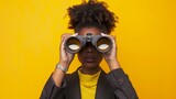 Fototapeta Panele - Woman with Binoculars on Yellow
