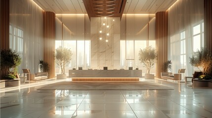 Poster - Modern hotel lobby, front desk centered in the middle of the room with large windows behind it and a hanging light feature above. Generative AI.