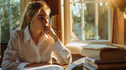 Poster - Woman Contemplating by Sunlit Window