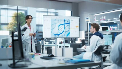 Aufkleber - Group of Talented Female and Male STEM Students Having a Meeting with Their Project Leader in a Modern Laboratory. Young Female Specialist Showing a Presentation About Biochemistry on Screen