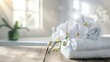 Clean white towels and beautiful orchid flowers on wood table with blurred white bathroom background  ,Generative ai, Generative, Ai