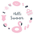 Pink Beach Accessories. Set. Hello Summer concept. Swimsuit, hat, sunglasses, flip flops, sunscreen, camera, flamingo swimming ring, ice cream, watermelon, pineapple, ball. Vector illustration