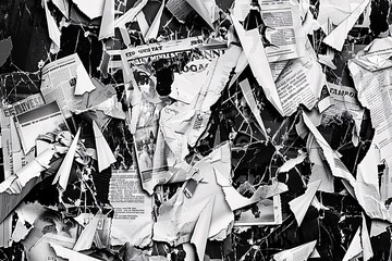 Newspaper magazine collage background texture with torn clippings in black and white