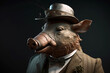 Gentleman, boss wild boar, pig in hat, suit and tie. Banner header. AI generated.