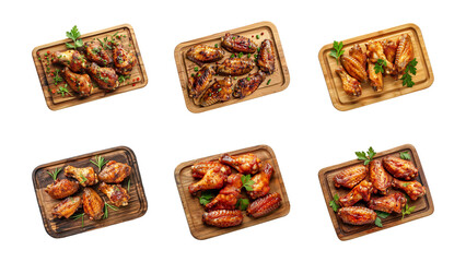 Wall Mural - Collection of baked chicken wings on wooden board isolated on a transparent background, top view, PNG
