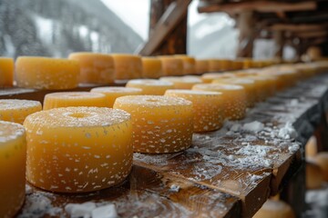 Atmospheric shot of numerous cheese wheels resting on wooden shelves amidst falling snowflakes