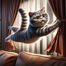 A Gray Cat Jumped On The Curtains, 3d Animation Style