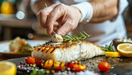 Chef preparing grilled fish filet in creamy butter lemon or cajun spicy sauce with herbs