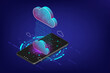 Cloud online computing technology concept. Abstract 3d isometric vector illustration. Web cloud storage technology business with big data transfer on internet with gadget of smartphone. Internet data 