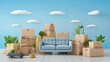 Moving boxes and furniture illustrates. Concept of moving services on the blue sky background. 