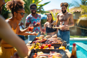 Diverse group of happy friends gathering around a barbecue grill by the pool, enjoying summer