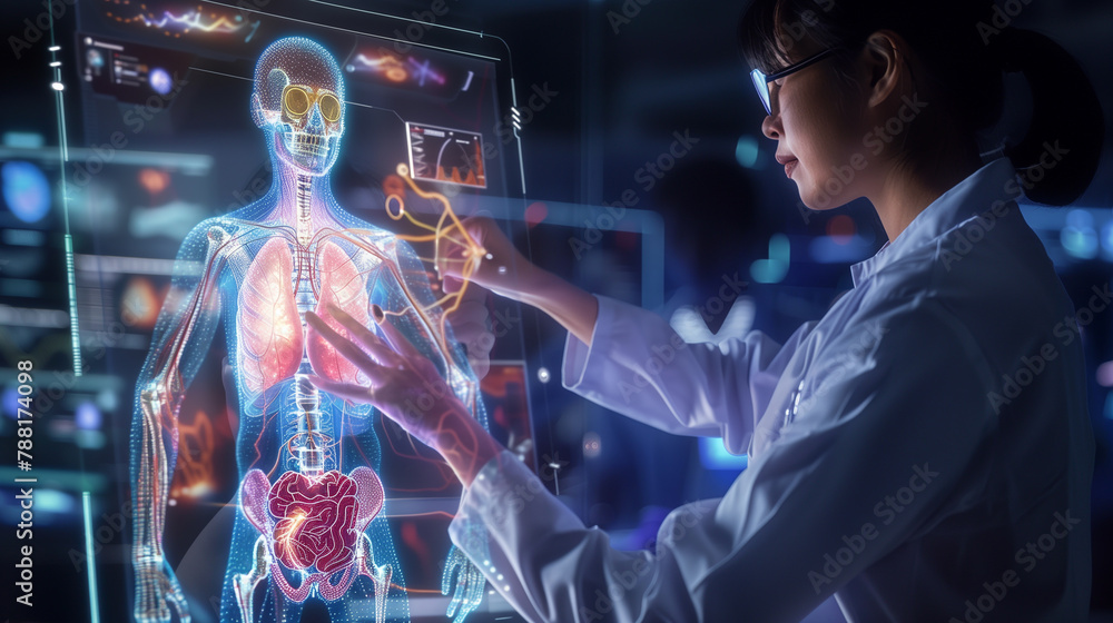 A woman in a white lab coat is looking at a computer screen with a 3D ...