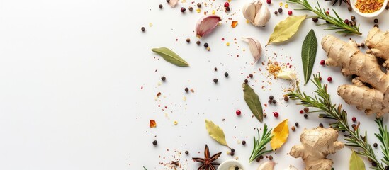 Wall Mural - Background of seasoning. Dried spices such as ginger, garlic, rosemary, and bay leaf on a white background, seen from the top with space for text.