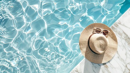 a minimalistic fashion aesthetic scene featuring sunglasses and a straw hat beside a marble swimming