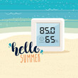 Beach background with a digital weather thermometer