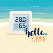 Beach background with a celsius digital weather thermometer