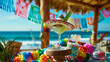 A glass of maracas margarita and a sombrero on a table. The table is decorated with a colorful banner and a few fruits. Cinco de Mayo, Mexican colorful summer fiesta party, Mexican decorations.