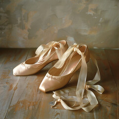 Ballet vintage ivory hue tank shoes, silk ribbons on a neutral wooden background.