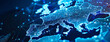 blue background, Abstract digital map of Western Europe, concept of European global network and connectivity, data transfer and cyber technology, Ai