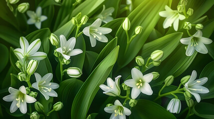 white flowers on a green background.
