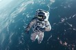 An astronaut floats effortlessly in the air above the magnificent view of the Earth, An astronaut floating in the vastness of space in a shiny, silver space suit, AI Generated