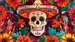 Mexican skull in sombrero among flowers