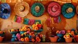 orange wall is decorated with sombrero and flowers