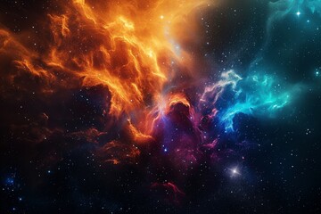 Wall Mural - A vibrant space scene showing a multitude of stars scattered across a colorful backdrop of clouds, An ethereal nebula designed with fluorescent colors, AI Generated