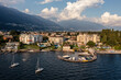 Ascona, Switzerland: Aerial view of Ascona waterfont by lake Maggiore with a small marina  and sailboat in canton Ticino in Switzerland