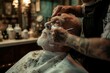A man sitting in a barber chair while a barber expertly cuts his hair in a barber shop, An older man getting a classic shaving experience in an old-fashioned barber shop, AI Generated