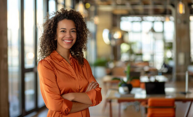 Wall Mural - Business, work and portrait of woman with arms crossed for career, pride or joy at creative agency. Graphic designer, smile and face with happiness for job, brand development or positivity at company