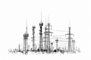 A monochrome photograph featuring a network of power lines against a contrasting background, Antenna towers drawn in minimalistic, black and white lines, AI Generated