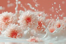 Bright Pink Flowers Covered In Splashes Of Milk And Bubbles On A Soft Pink Background In Vibrant Image