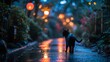 Mysterious black cat walking in the rain on wet urban street with glowing lights in background