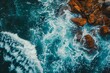 This aerial photograph captures a vast expanse of the ocean as it meets the rugged rocks along the coastline, Artistic interpretation of aerial view of sea waves hitting the rocks, AI Generated