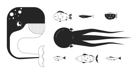 Wall Mural - Deep sea creatures black and white 2D line cartoon characters set. Saltwater habitats isolated vector outline personages. Wildlife researching monochromatic flat spot illustrations collection